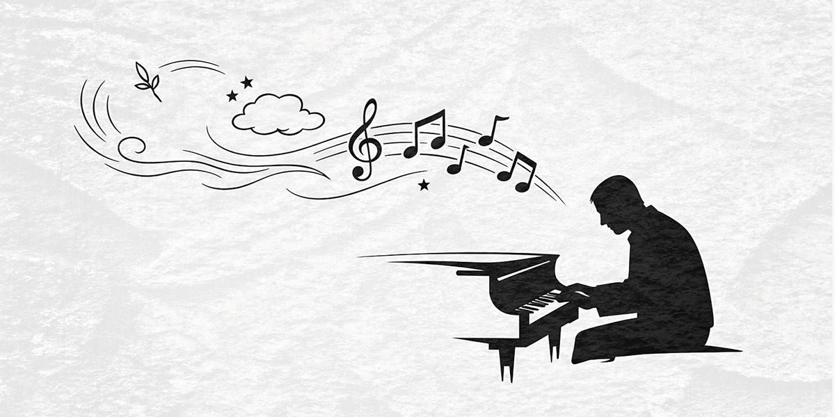 Black-and-white illustration of a pianist at a grand piano, with a treble clef and notes drifting across the sky