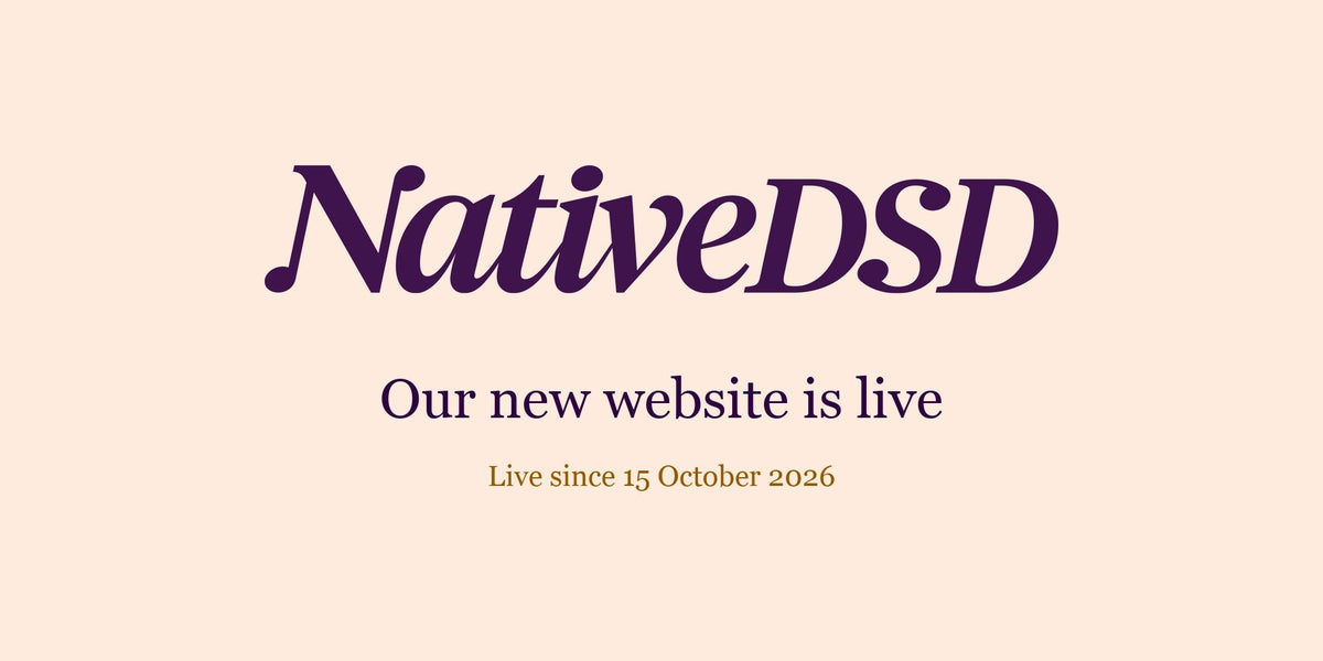 The NativeDSD logo on a cream background with the text: Our new website is live