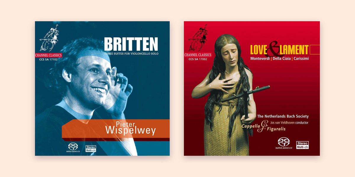 The album covers of Pieter Wispelwey's Britten: Three Suites for Violoncello Solo and the Netherlands Bach Society's Love & Lament, side by side